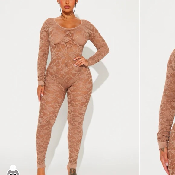 Nude Rhinestone & Lace Long Sleeve Jumpsuit - Picture 1 of 3